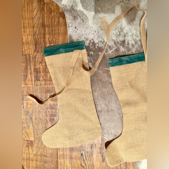 WISTERIA Jute & Green Velvet Embroidered Pinecone Christmas Stockings Set of 6 - Picture 7 of 17